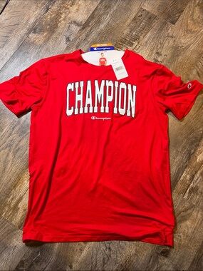 Champion Red Short-Sleeve Logo Tee with White Lettering